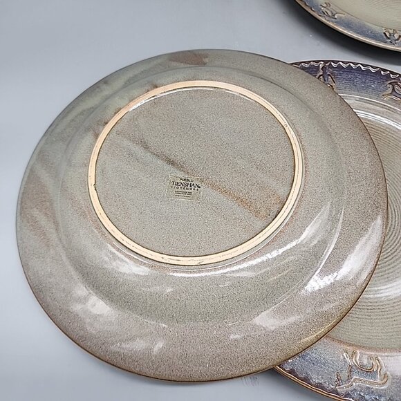 Set Of 3 Dinner Plates Tienshan Pueblo Blue Embossed Edges Stoneware